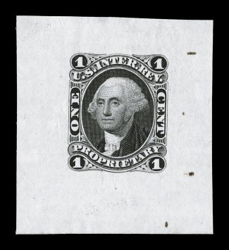 R3TC, 1c Proprietary, trial color die proof in black on India, 38x42mm, strong color, a few natural India paper irregularities, very fine an especially rare and desirable die
proof.