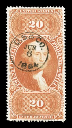 R99c, $20.00 Probate of Will, well centered, strong color, cancelled by a complete strike of a D.S. & Co.Jun 6, 1864 handstamp, horizontal crease and a few short perfs. at
bottom, very fine appearance.