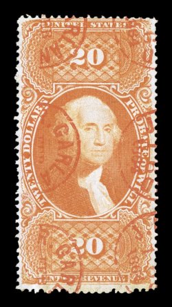 R99c, $20.00 Probate of Will, lovely rich color, cancelled by 1864 red c.d.s. handstamps, some very minor wrinkling, otherwise a fine and eye pleasing
example.