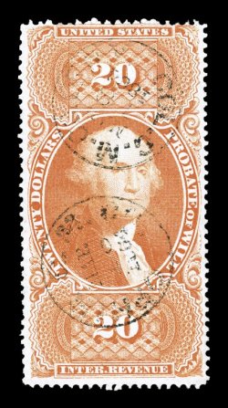 R99c, $20.00 Probate of Will, wonderfully bright and fresh, neatly cancelled by two light complete strikes of 1864 Ophir G.M. Co. c.d.s. handstamps, faint horizontal crease in
the bottom margin, otherwise a fine example of this key perforated re