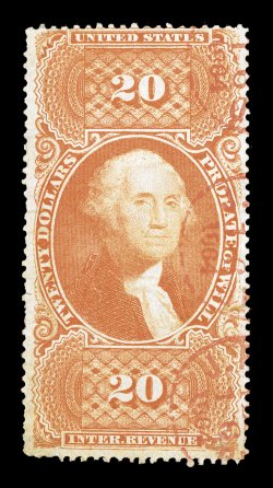 R99c, $20.00 Probate of Will, rich attractive color, cancelled by light face-free red 1864 c.d.s. handstamps, light wrinkle and tiny internal tear, fine
appearance.