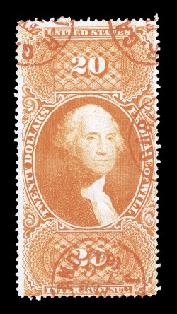 R99c, $20.00 Probate of Will, fresh color, neat face free cancels of 1864 red c.d.s. handstamps, single improved perforation at right, fine appearance.