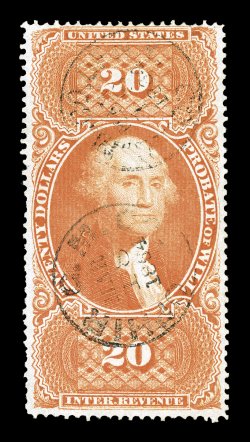 R99c, $20.00 Probate of Will, strong bright color, light cancels of 1864 Ophir G.M. Co c.d.s. handstamps, faint internal wrinkle, otherwise fine.