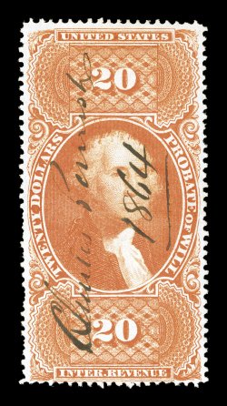 R99c, $20.00 Probate of Will, especially bright color, neat 1864 ms. cancel, light horizontal crease at top, fine appearance.