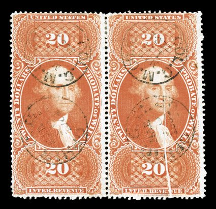 R99c, $20.00 Probate of Will, horizontal pair, right stamp with pre-printing fold, brilliant color, light c.d.s. handstamped cancels, a few slightly reinforced perfs. at top,
fine and rare ex-Little.