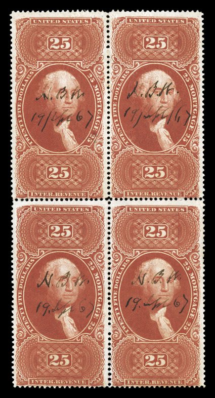 R100c, $25.00 Mortgage, block of four, outstanding color that is extraordinarily deep and rich, small 1867 ms. cancels and an embossed cancel on the top pair, light horizontal
crease in bottom stamps, otherwise fine one of only three blocks o