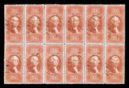 R100c, $25.00 Mortgage, block of twelve (6x2), unusually well centered for such a large block, gorgeous deep color and impression, 1870 ms. cancels, scissor separated at left,
a few trivial perf. reinforcements, usual light creases, very fine ap