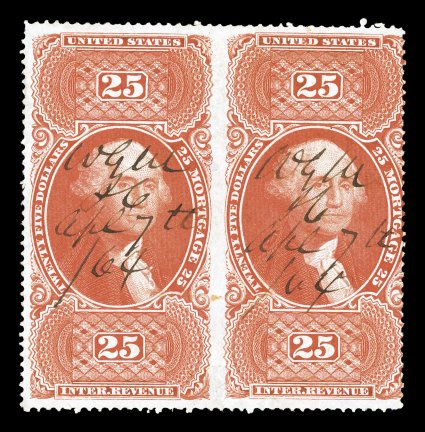 R100ce, $25.00 Mortgage, horizontal pair, imperforate between, centered to the right as are all known examples, deep rich color, 1864 ms. cancel, small central thin spot and
closed tear at top of right stamp, fine appearance there are only si