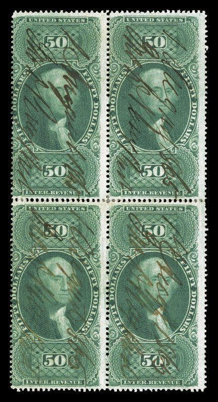 R101c, $50.00 U.S.I.R., block of four, deeply rich color, 1865 ms. cancels, trivial perf. reinforcements and light wrinkles on top pair, fine appearance.
