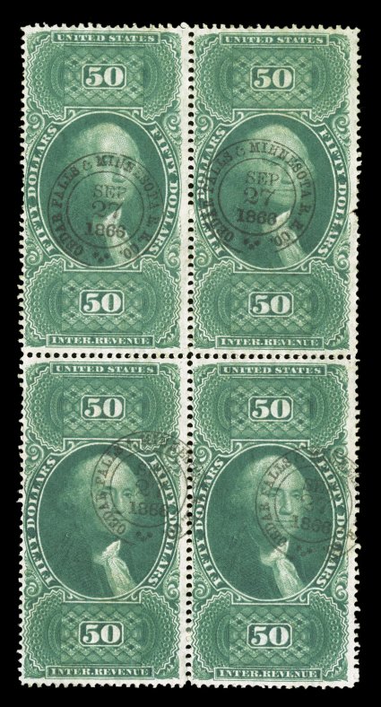 R101c, $50.00 U.S.I.R., block of four, deep color, each stamp cancelled by a centrally struck 1866 Cedar Falls & Minnesota Railroad handstamped cancel, few trivial bends, top
right stamp with tear at right, fine appearance.