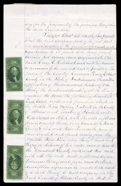 R101c, $50.00 U.S.I.R., three singles on eleven page 1879 mortgage document for Greenback Mining Co. regarding the sale of a mine in the Idaho Territory, document signed in
Indiana and with Greenback Mining Co. embossed seal, two 5c Certific