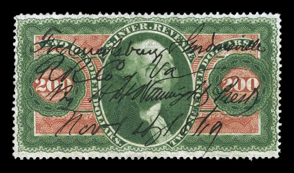 R102c, $200.00 Internal Revenue, well centered, bright colors, ms. Fredericksburg & Gordonsville Railroad Co. cancel and a light embossed seal at top left, very
fine.