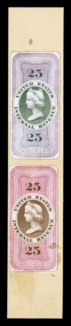 Turner Essay 2-Ab, 25c Dull rose and brown, Dull violet and green Liberty essays, both are vertically mounted on cardboard, each is cut to stamp size, small faults, fine probably
a composite essay from the ABNC archives.