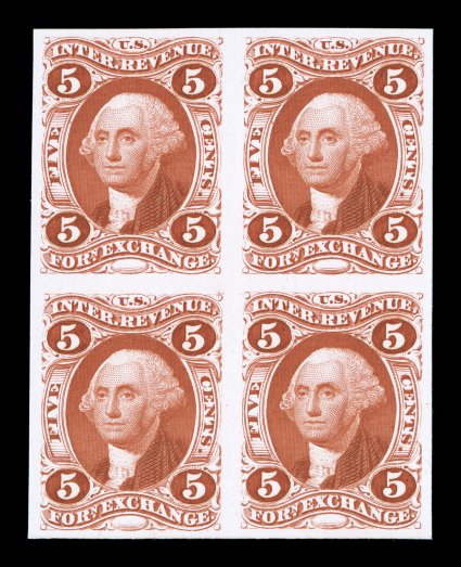 R26P4, 5c Foreign Exchange, plate proof on card, very scarce block of four, large even margins all around, brilliantly rich color, very fine and choice blocks of this value are
not listed in Scott, cataloged as four singles.