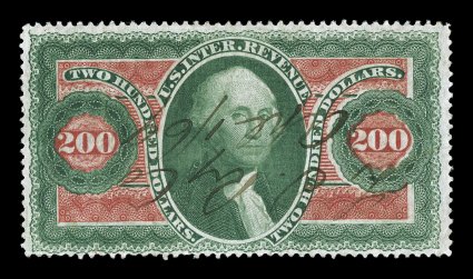 R102c, $200.00 Internal Revenue, nicely centered, fresh color, 1869 ms. railway cancel, typical light creasing, very fine appearance.