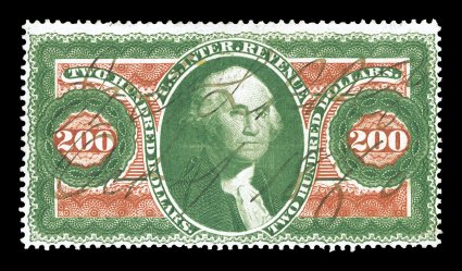 R102c, $200.00 Internal Revenue, lovely rich bright colors, 1870 ms. railroad cancel, slight horizontal crease, otherwise very fine.