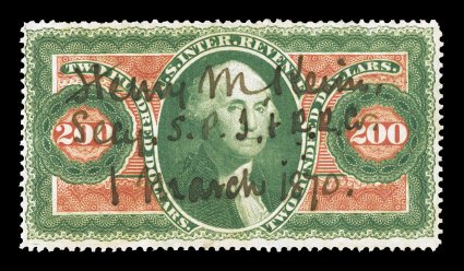 R102c, $200.00 Internal Revenue, nicely centered, strong colors, bold 1870 ms. railroad cancel, small thin spot, very fine appearance.