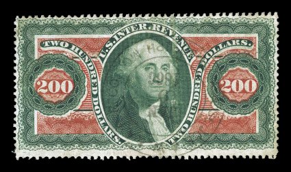 R102c, $200.00 Internal Revenue, rich bright colors, light 1866 handstamp c.d.s., few creases and tiny repair at top left, very fine appearance.