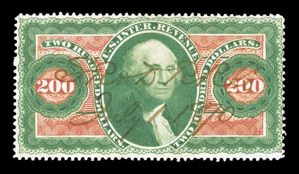 R102c, $200.00 Internal Revenue, bright fresh colors, 1870 ms. railroad cancel, fine.