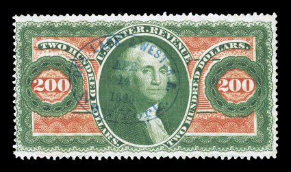 R102c, $200.00 Internal Revenue, especially bright fresh colors, beautifully cancelled by a blue oval handstamp of the Delaware, Lackawana & Western Railroad Co., small crease
at top right, otherwise fine a lovely eye-appealing example of t