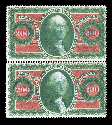 R102c, $200.00 Internal Revenue, vertical pair, deep intense colors and impressions, light blue c.d.s. handstamped cancels, top stamp with small thin spots, faint corner crease
at bottom left, fine appearance.