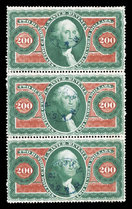 R102c, $200.00 Internal Revenue, vertical strip of three, lovely bright color, cancelled by light blue handstamps of Milwaukee & St. Paul Railway Co., light vertical crease,
middle stamp with small thin, fresh and fine appearance.