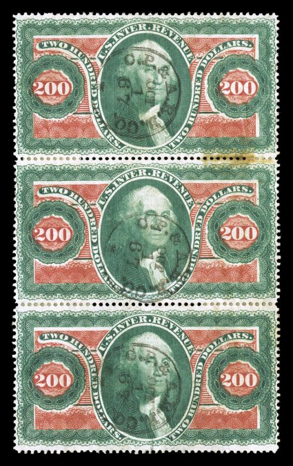 R102c, $200.00 Internal Revenue, vertical strip of three, strong colors, neat handstamped cancels of Cleveland, Painesville & Ashtabula railroad, usual wrinkling and reinforced
perfs., hinged stain at top right, fine appearance.