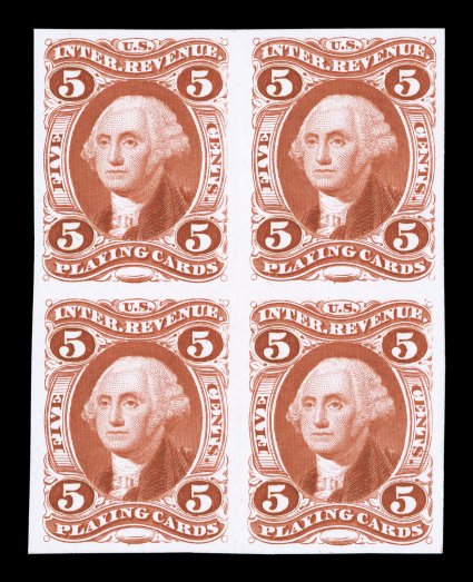 R28P4, 5c Playing Cards, plate proof on card, block of four, extraordinarily bright and fresh, large margins all around, choice very fine actually a rare proof block that even
the legendary Joyce collection did not have unpriced as a block in