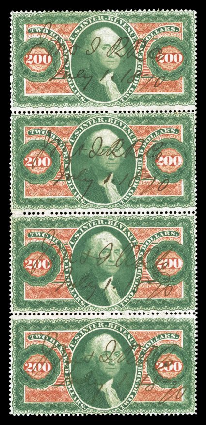 R102c, $200.00 Internal Revenue, vertical strip of four, bright fresh colors, 1870 ms. cancels of Jeffersonville, Madison & Indianapolis Railroad, very fine overall a
particularly rare strip in this impressive quality.