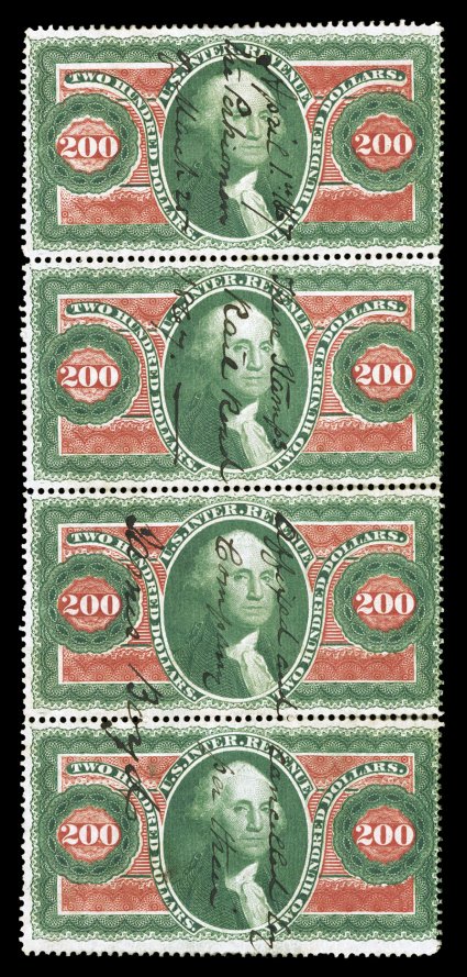 R102c, $200.00 Internal Revenue, vertical strip of four, deep rich color, interesting 1867 ms. cancel of Perkiomen Railroad Co., top stamp with just a hint of a bend,
fine.