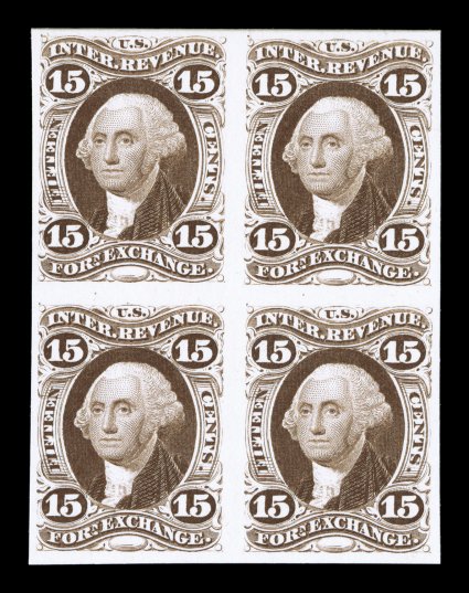 R39P4, 15c Foreign Exchange, plate proof on card, pristine block of four, exceedingly bright and fresh, large margins all around, very fine a rarely offered proof
block.