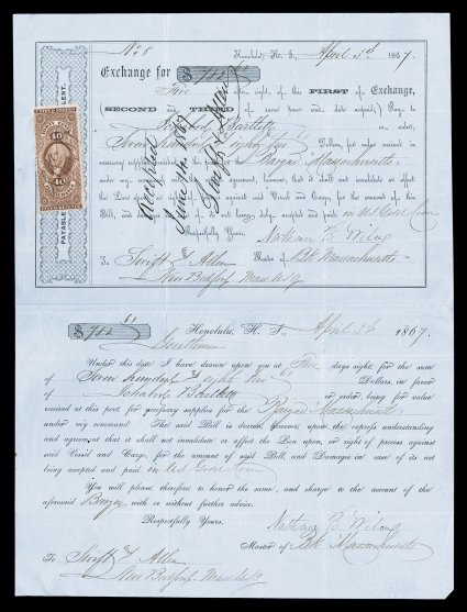 Inland Exchange checks used from Hawaii, three exchange checks used from Honolulu and payable in New Bedford, Mass., used in 1867, 1868 and 1871, one with 40c Inland Exchange,
one with three 10c Inland Exchange and one with 30c Inland Exchange an