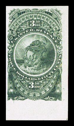 Turner Essay 76-A, $3.50 Rhode Island arms vignette, plate essay on card, a set of singles in all five listed colors (blue, dark blue, brown, green and plum), includes three
sheet-margin examples, very fine.