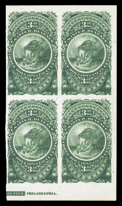 Turner Essay 76-A, $3.50 Rhode Island arms vignette, plate essay on card, four different colors (blue, dark blue, brown and green) in partial imprint blocks of four, fresh and
very fine.
