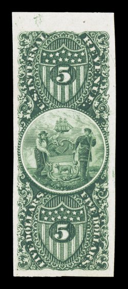 Turner Essay 77-A, $5.00 Delaware arms vignette, plate essay on card, set of all five listed colors (blue, dark blue, brown, green and plum), all but one are sheet-margin
examples, very fine.