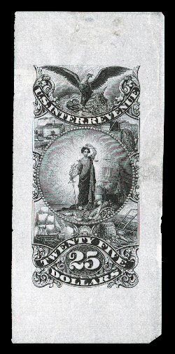 Turner Essay 78, $25.00 Maryland arms vignette, die essay in black on India, measuring a full 42x91mm, small flaws including a hinge-sealed tear at left, very fine appearance
this is the scarcest of all the Coat of Arms essays.