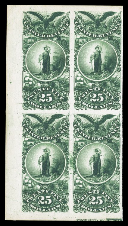 Turner Essay 78-A, $25.00 Maryland arms vignette, plate essay on card, complete set in all five colors as above, but in blocks of four, several with a portion of the imprint in
bottom margins, very fine and not easy to find as a complete set in b
