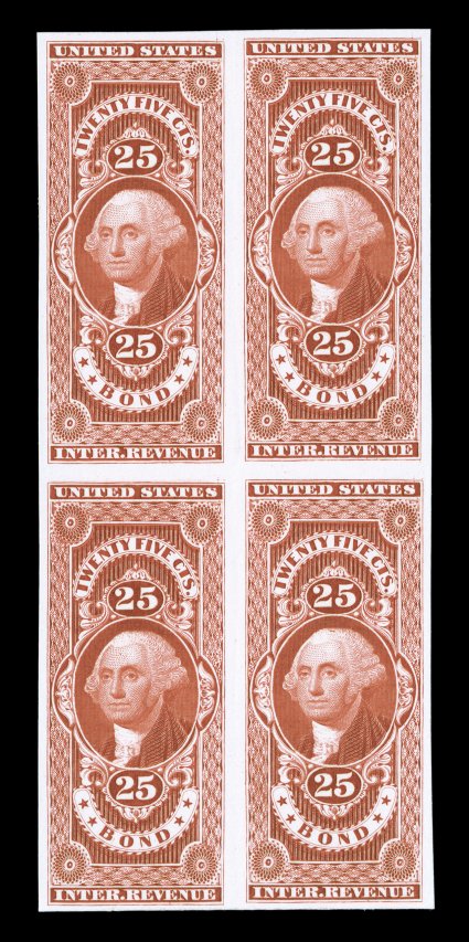 R43P4, 25c Bond, plate proof on card, a very rare block of four, gorgeous rich color, large balanced margins all around, very fine and handsome even the Joyce collection did not
have any multiple of the Twenty Five Cent Bond on card proof.
