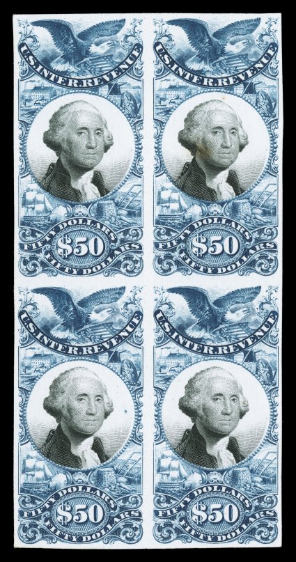 R105P4-31P4, 3c-$50.00 Blue and black, plate proofs on card cplt. in blocks of four, the $3.50 is a corner sheet-margin block, strong rich colors throughout, large margins all
around, one $50.00 with a tiny toned spot, very fine.