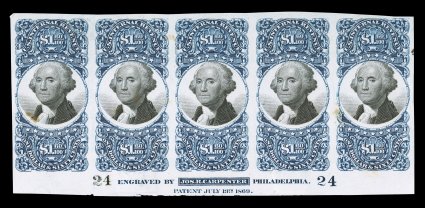 R121P3, $1.60 Blue and black, plate proof on India, bottom margin imprint and plate no. 24 strip of five, strong rich colors, two shallow thin spots and a few light toned
specks, very fine appearance.