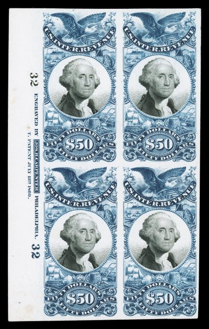 R131P4, $50.00 Blue and black, plate proof on card, left margin imprint and plate no. 32 block of four, rich bright color, large margins all around, light stain on reverse just
shows though in a couple spots in the margin, still very fine and a