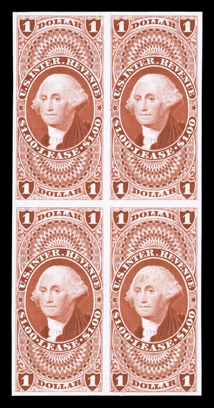 R70P4, $1.00 Lease, plate proof on card, block of four, lovely balanced margins all around, strong rich color, the bottom right stamp has a faint stain on the forehead,
otherwise very fine this is the first block of this scarce proof we have