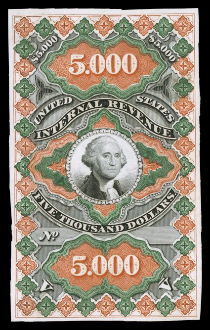 R133AP1, $5,000.00 Red orange, dark green and black, large die proof on India, large margins all around that show a faint trace of an imprint at right, brilliantly rich colors,
two shallow thin spots and a trivial stain above the T in Tho