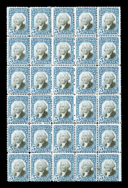 R107, 5c Blue and black, mint block of 30 (5x6), lovely rich colors, full original gum, some minor perf. reinforcements and a couple small creases, bottom right stamp with
small stain, fine-very fine appearance only three larger multiples exist