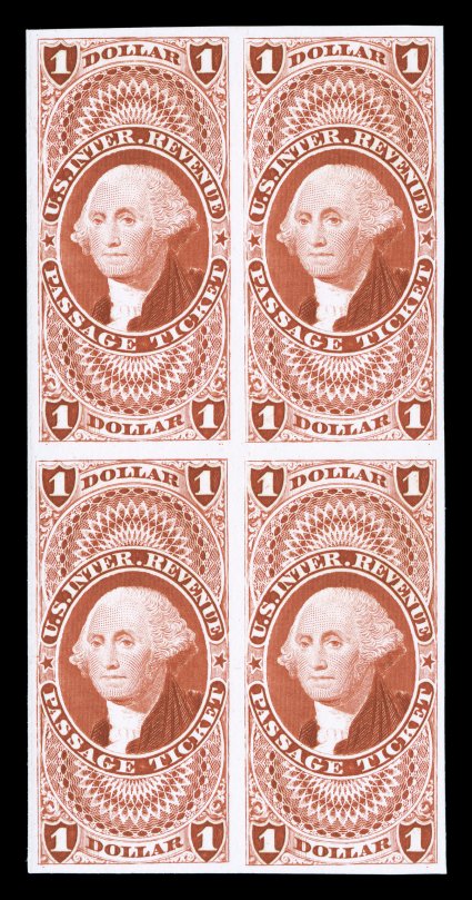R74P4, $1.00 Passage Ticket, plate proof in card, rare block of four, wonderfully fresh, large even margins all around, very fine and quite choice a key card proof that is
almost never seen in blocks (even in the Joyce sale).