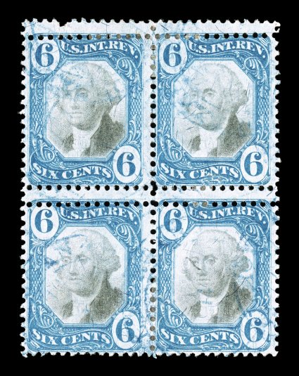 R108, 6c Blue and black, block of four, with extra row of horizontal perfs. in all stamps, blue handstamp cancels, attractive colors, top left stamp with perf. fault at top,
fine appearance the largest known multiple of this stamp, being one
