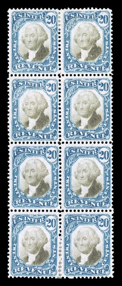 R111, 20c Blue and black, unused block of eight (2x4), deep vibrant color, a few reinforced perfs., horizontal crease in the bottom stamps, fine-very fine appearance only one
larger multiple exists.