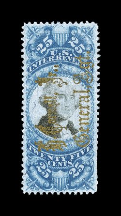 R112, 25c Blue and black, well centered, rich colors, cancelled by a large fancy scroll gold handstamp of H. Cornell, Jr., General Agt., some scissor cut perfs. at bottom
right, small pinhole, otherwise very fine the first example we have