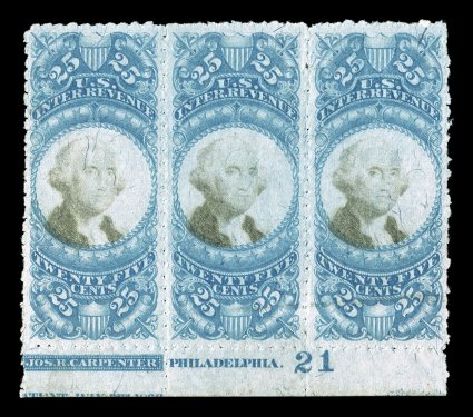 R112b, 25c Blue and black, sewing machine perforations, unused bottom margin partial imprint and plate no. 21 strip of three, well centered, rich colors, light horizontal
crease, otherwise very fine a rare position piece of the sewing machine p