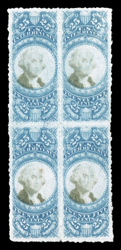 R112b, 25c Blue and black, sewing machine perforations, mint block of four, attractive colors, nicely centered, full original gum, faint crease in top stamps, bottom left
stamps with tiny toned spot, otherwise very fine a rare block that is t